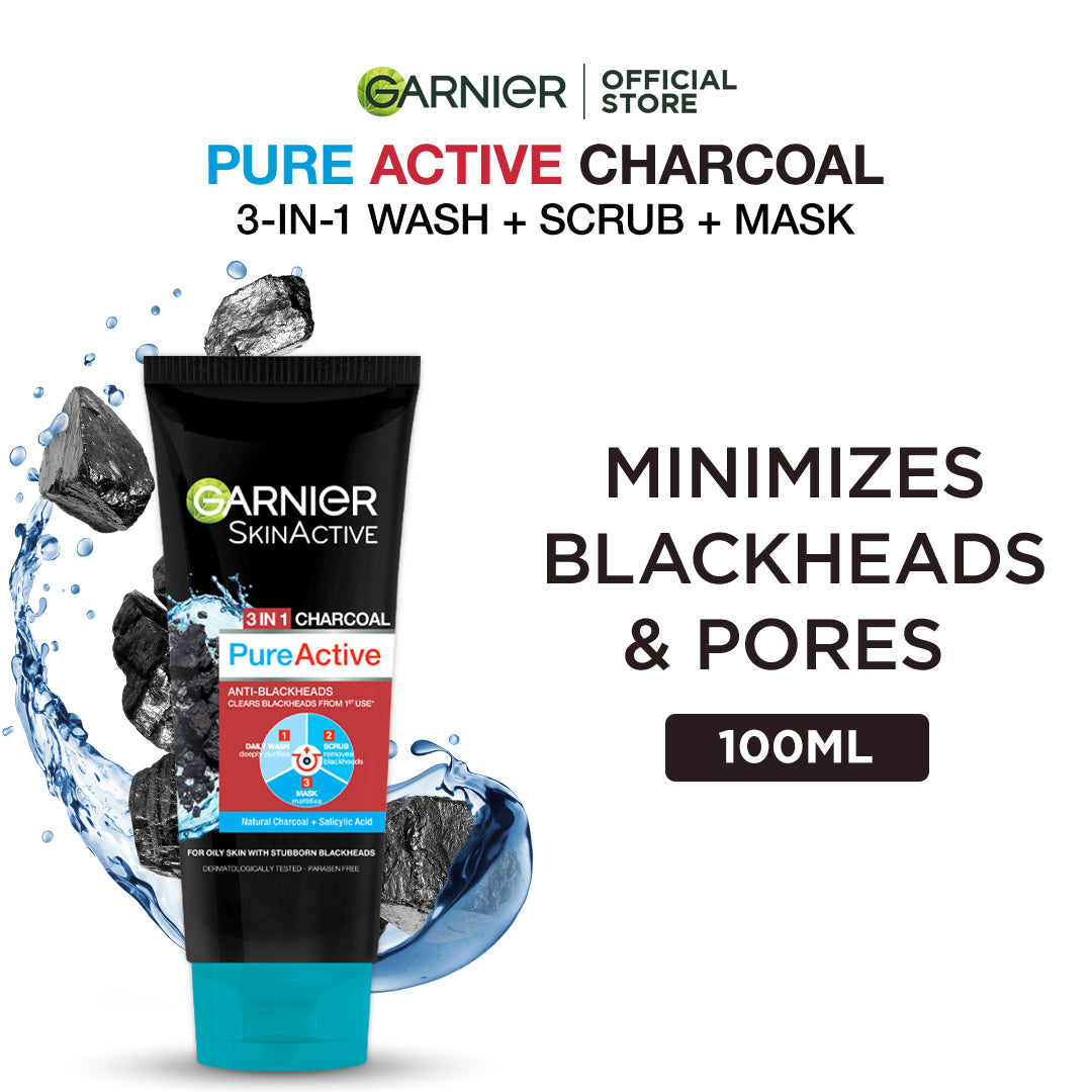 Garnier - Pure Active 3-in-1 Charcoal Blackhead Face Wash, Mask & Scrub - 100ml — image 1 — Meeshop Pakistan