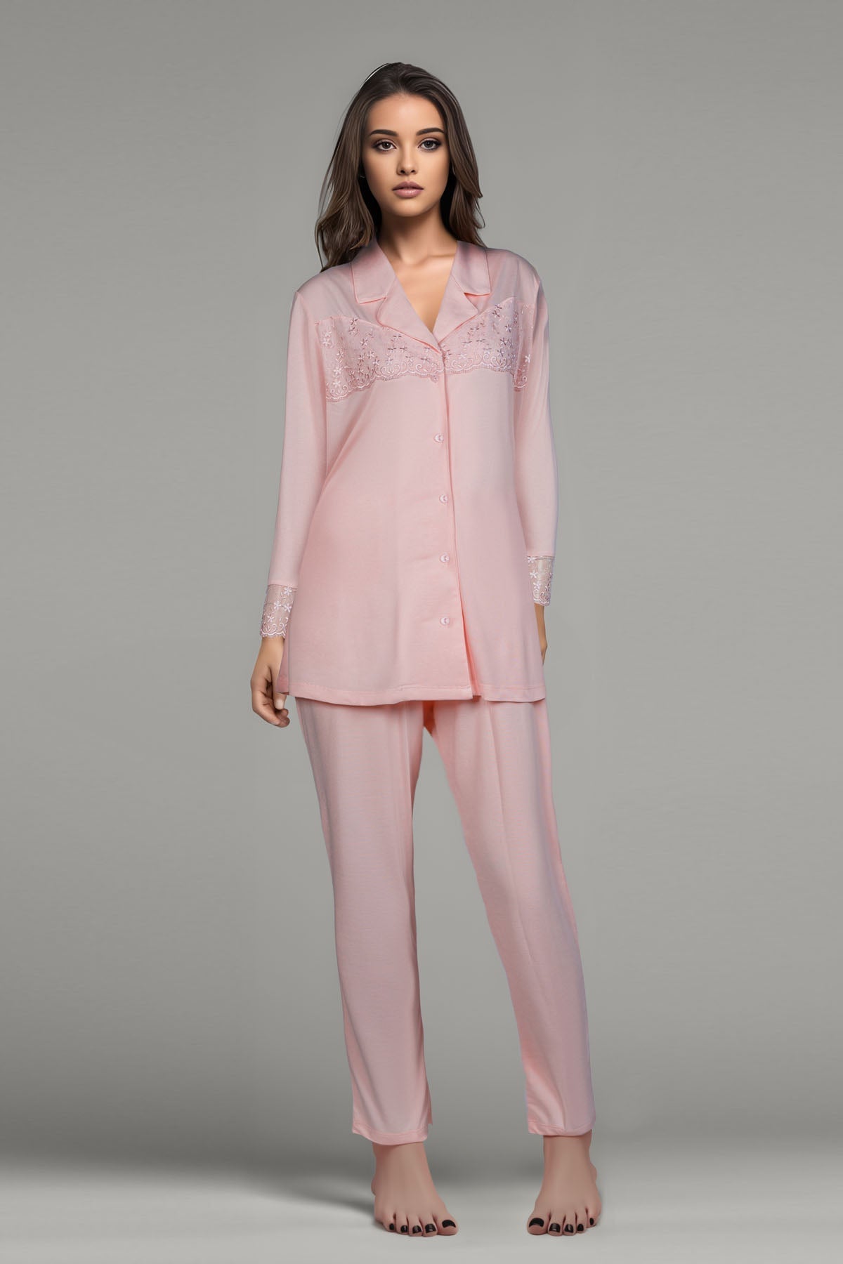 BLS - Baran Lace And Viscose Pajama Set - Salmon — image 1 — Meeshop Pakistan