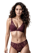 BLS - Bloom Light Padded And  Wired Plunge Lace Bra Set - Red