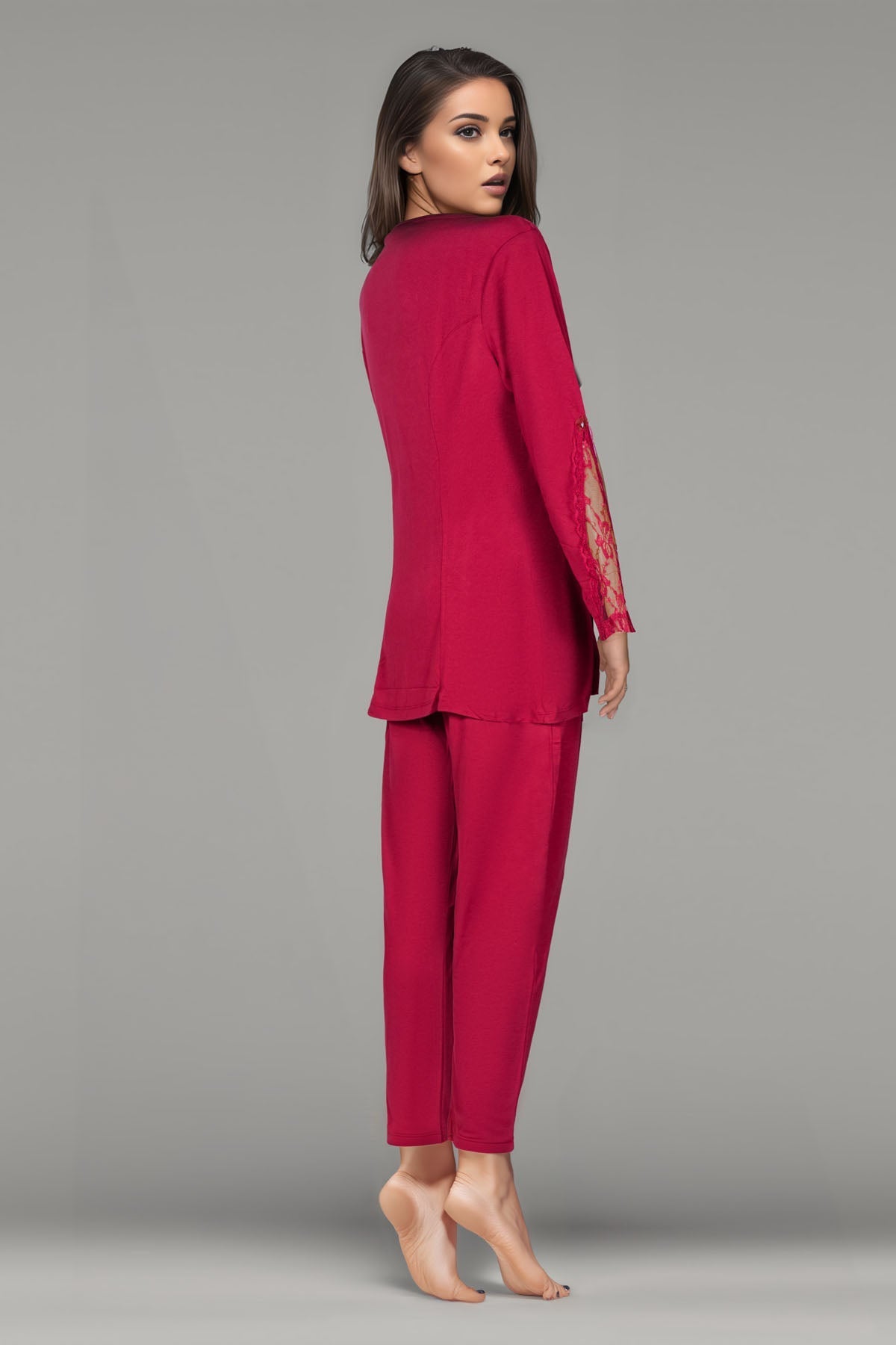 BLS - Bluma Lace And Viscose Pajama Set - Burgundy — image 2 — Meeshop Pakistan