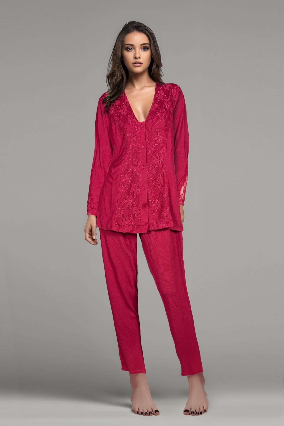 BLS - Bluma Lace And Viscose Pajama Set - Burgundy — image 1 — Meeshop Pakistan