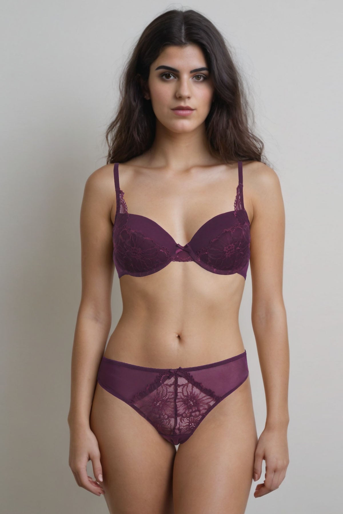 BLS - Emma Wired And Padded Lace Bra Set - Burgundy — image 1 — Meeshop Pakistan