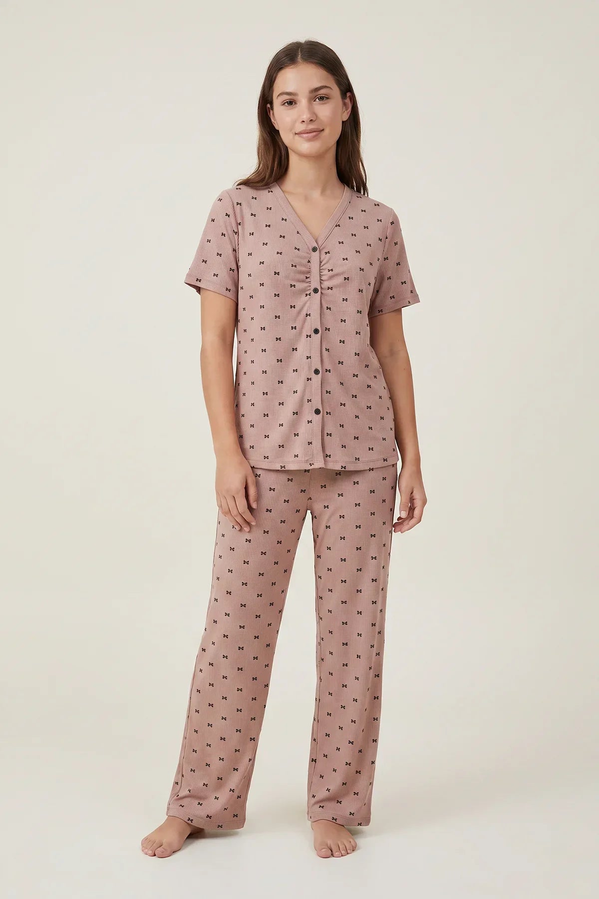 BLS - Bow Print Ribbed Pajama Set - Coffee — image 1 — Meeshop Pakistan