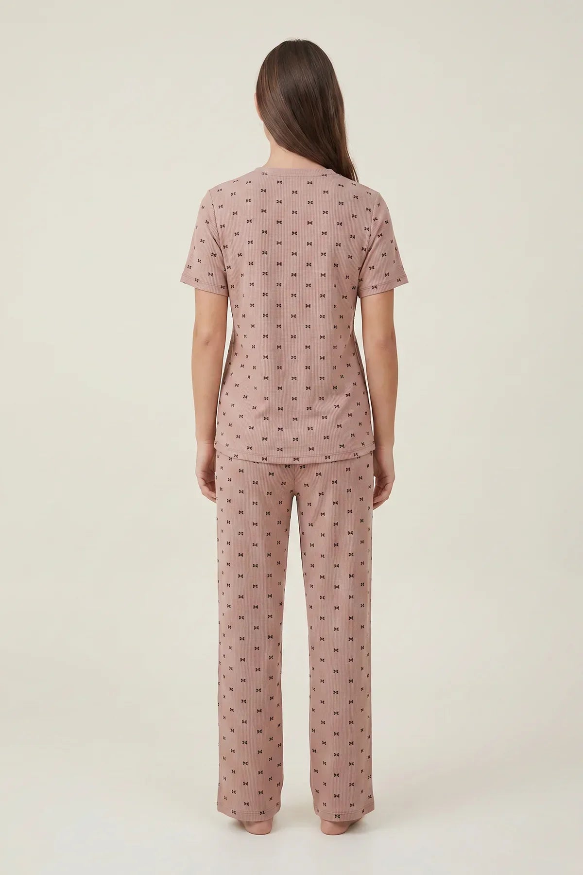 BLS - Bow Print Ribbed Pajama Set - Coffee — image 3 — Meeshop Pakistan