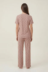 BLS - Bow Print Ribbed Pajama Set - Coffee view 3