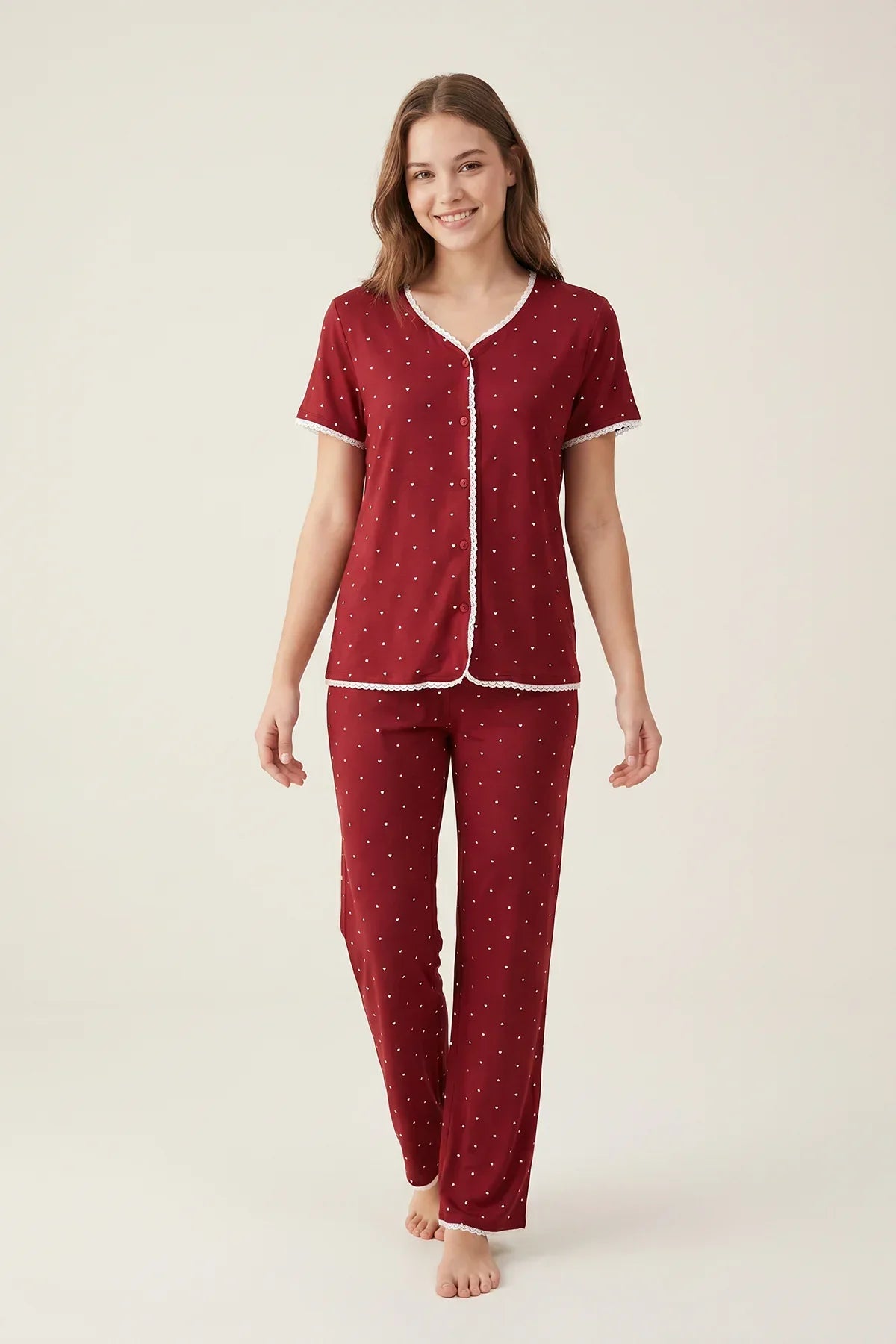 BLS - Heart Print Pajama Set - Jujube Red — image 1 — Meeshop Pakistan