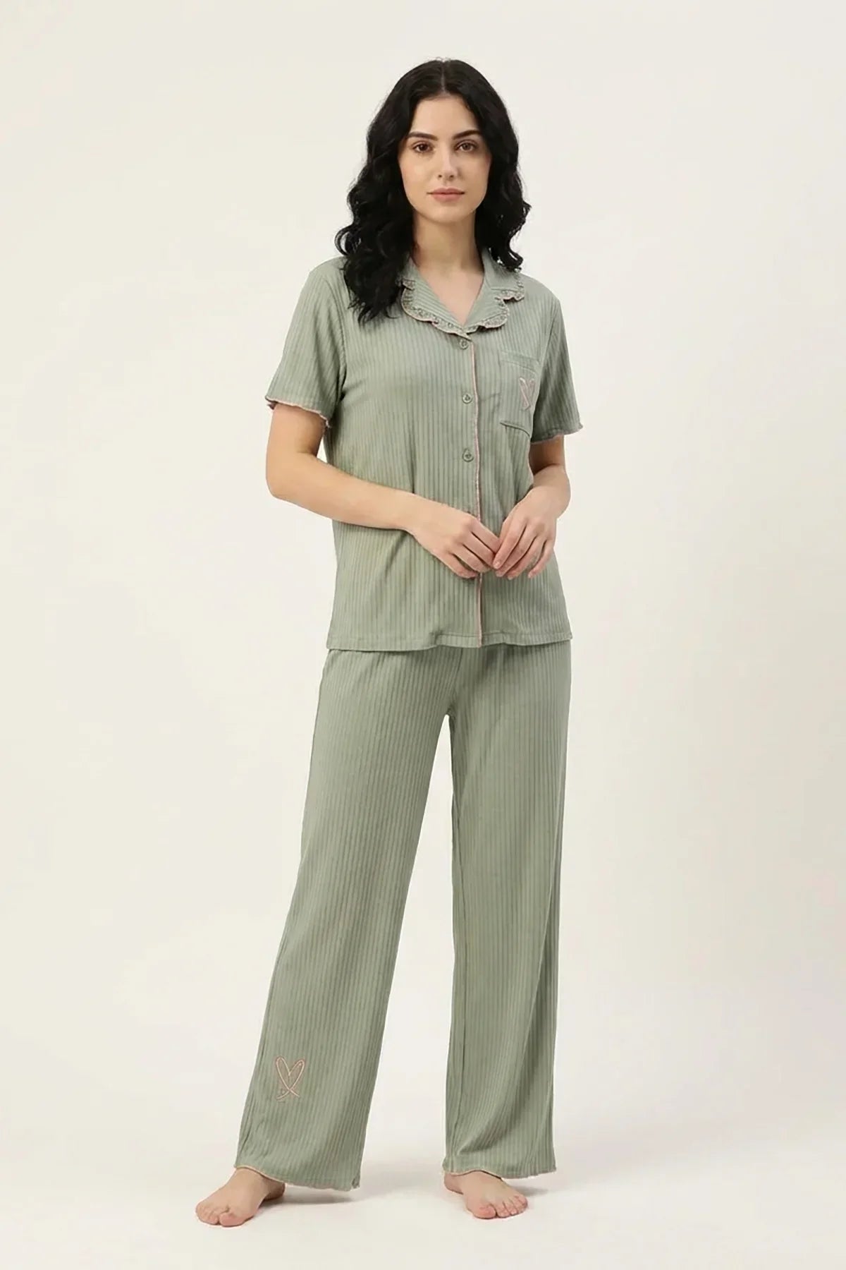 BLS - Ribbed Cotton Pajama Set - Green — image 1 — Meeshop Pakistan