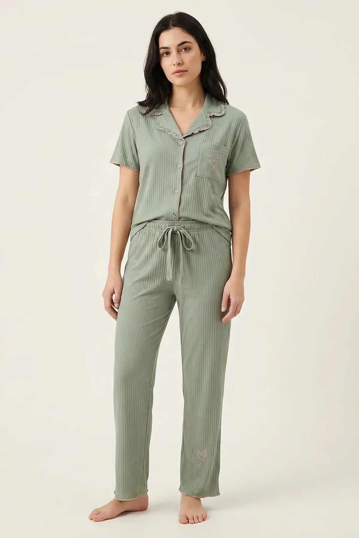 BLS - Ribbed Cotton Pajama Set - Green — image 4 — Meeshop Pakistan