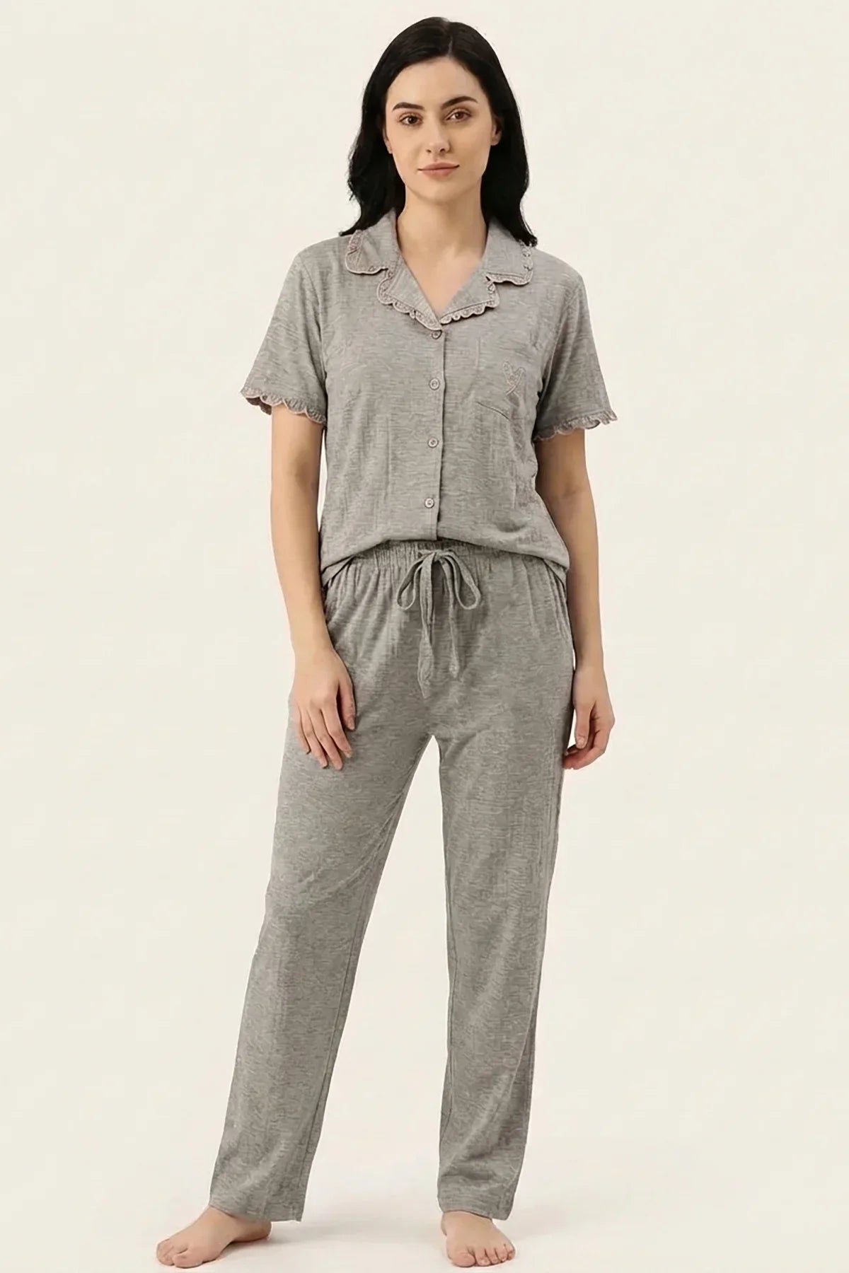 BLS - Ribbed Cotton Pajama Set - Grey — image 3 — Meeshop Pakistan