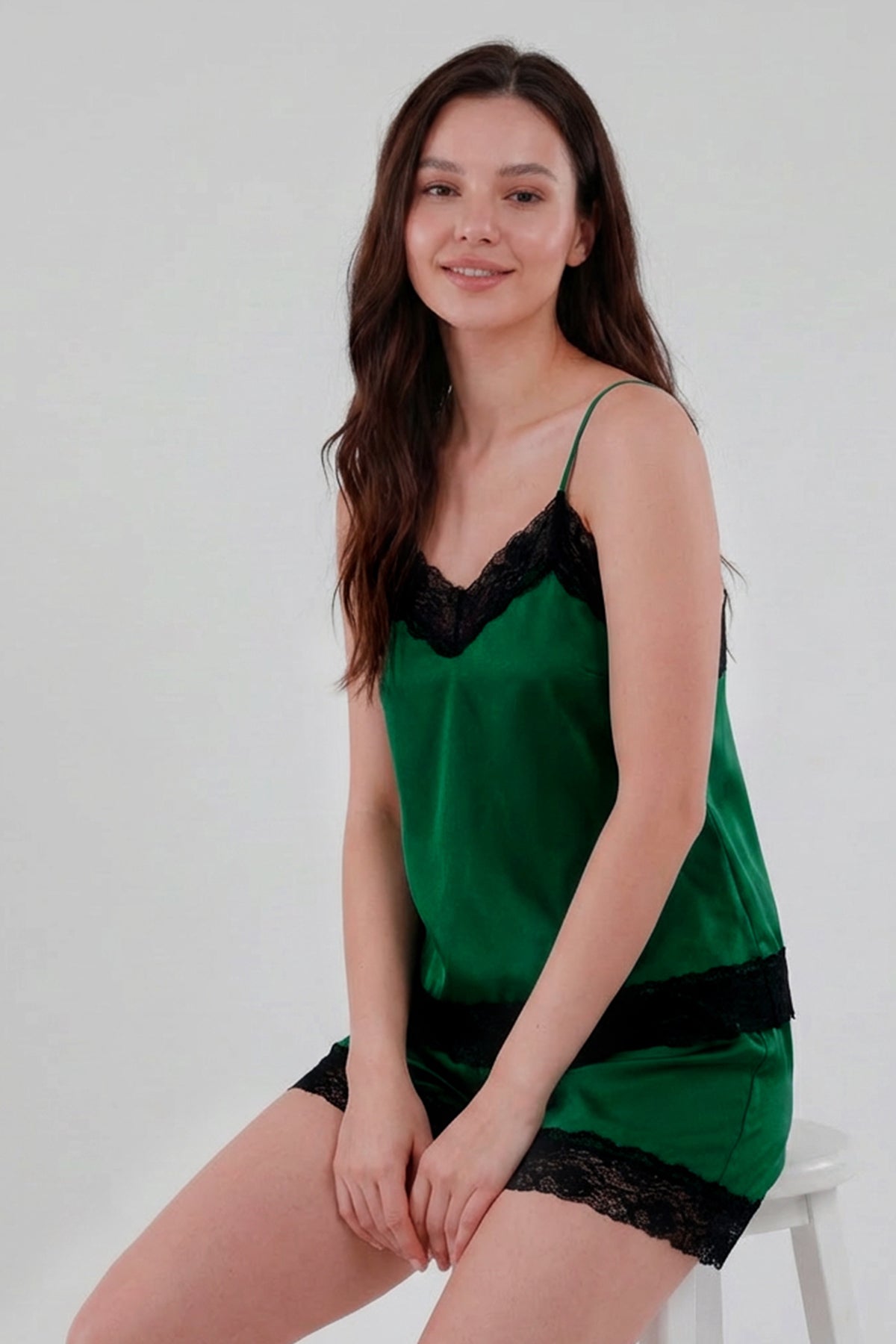 BLS - Satin Lace Shorts Set - Emerald Green — image 1 — Meeshop Pakistan