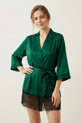BLS - Satin Short Lace Robe - Emerald Green view 1