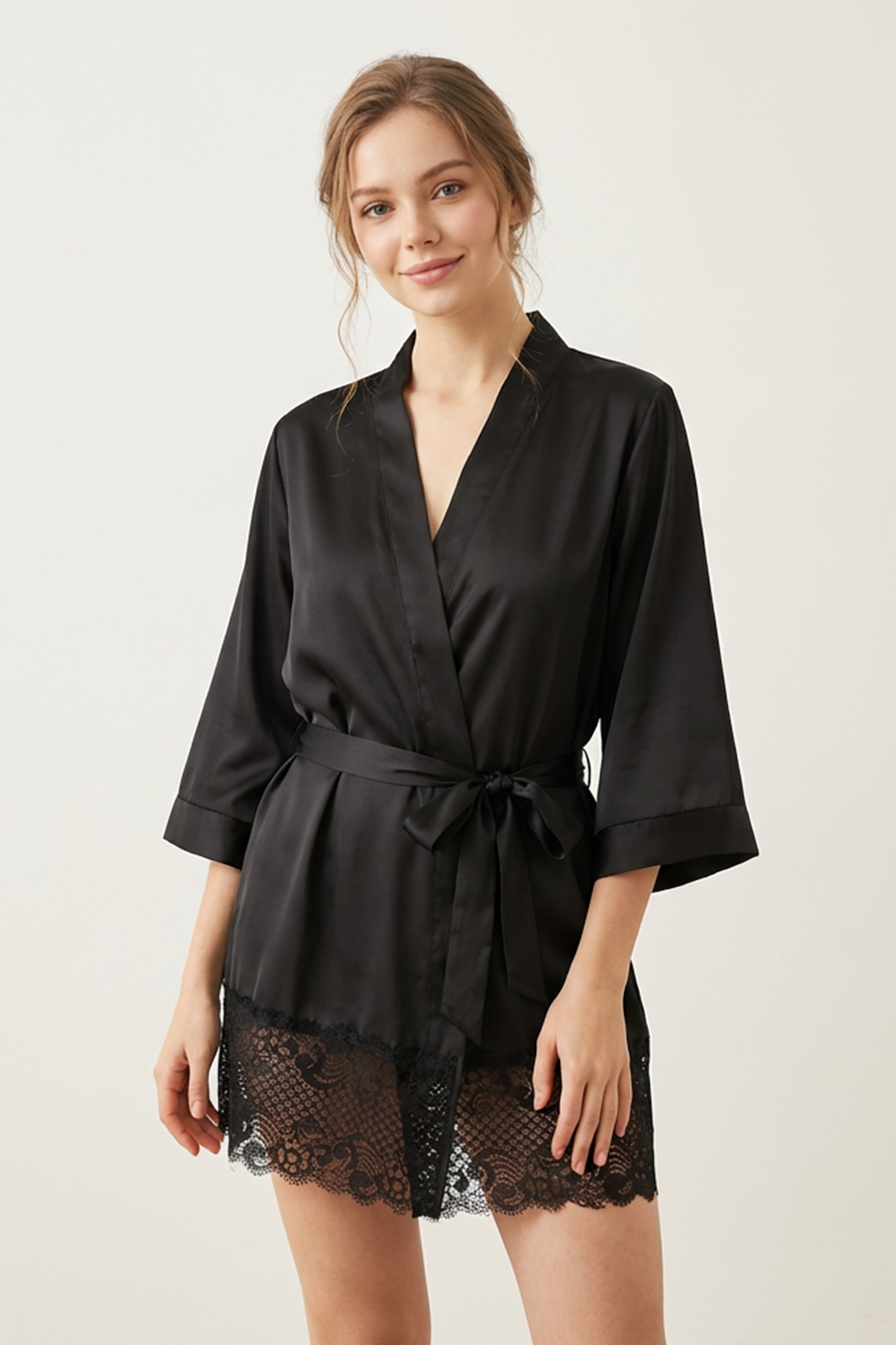 BLS - Satin Short Lace Robe - Night Black — image 1 — Meeshop Pakistan