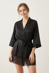BLS - Satin Short Lace Robe - Night Black view 1