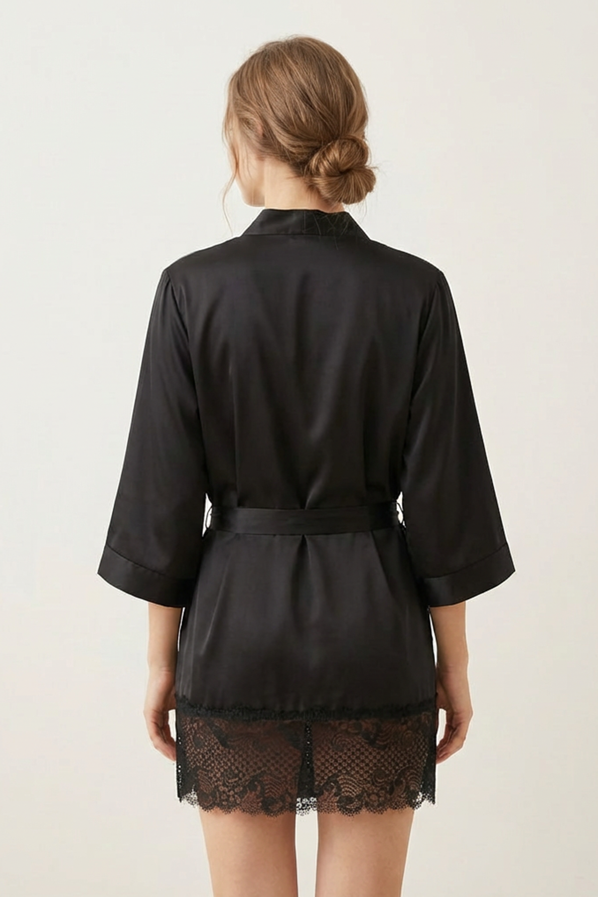 BLS - Satin Short Lace Robe - Night Black — image 2 — Meeshop Pakistan