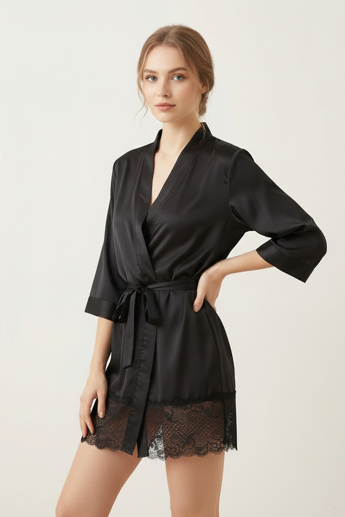BLS - Satin Short Lace Robe - Night Black — image 3 — Meeshop Pakistan