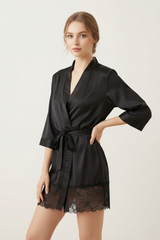 BLS - Satin Short Lace Robe - Night Black view 3