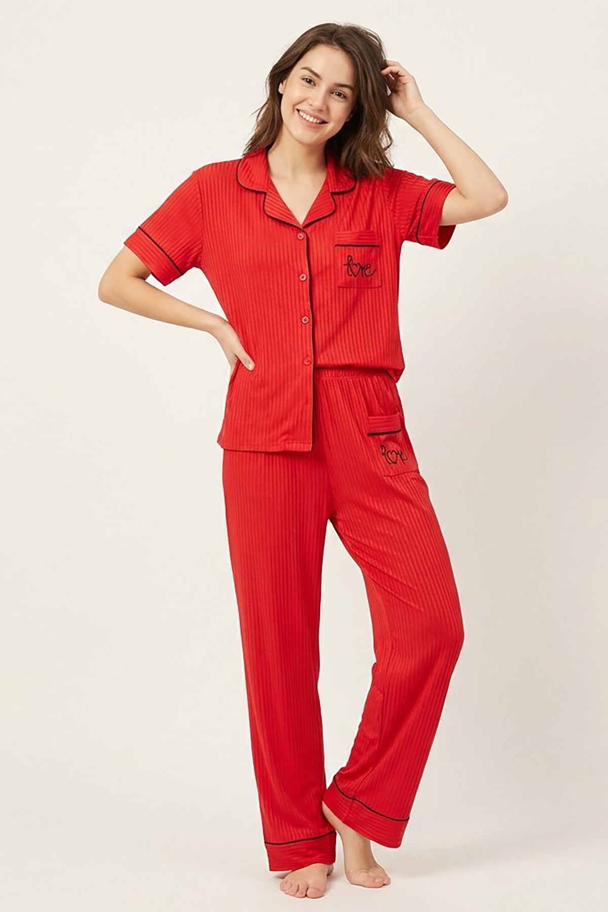 BLS - Short sleeves with long pants Pajama Set - Red — image 1 — Meeshop Pakistan