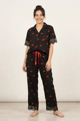 BLS - Short sleeves with long pants Pajama Set With Lace - Black view 1