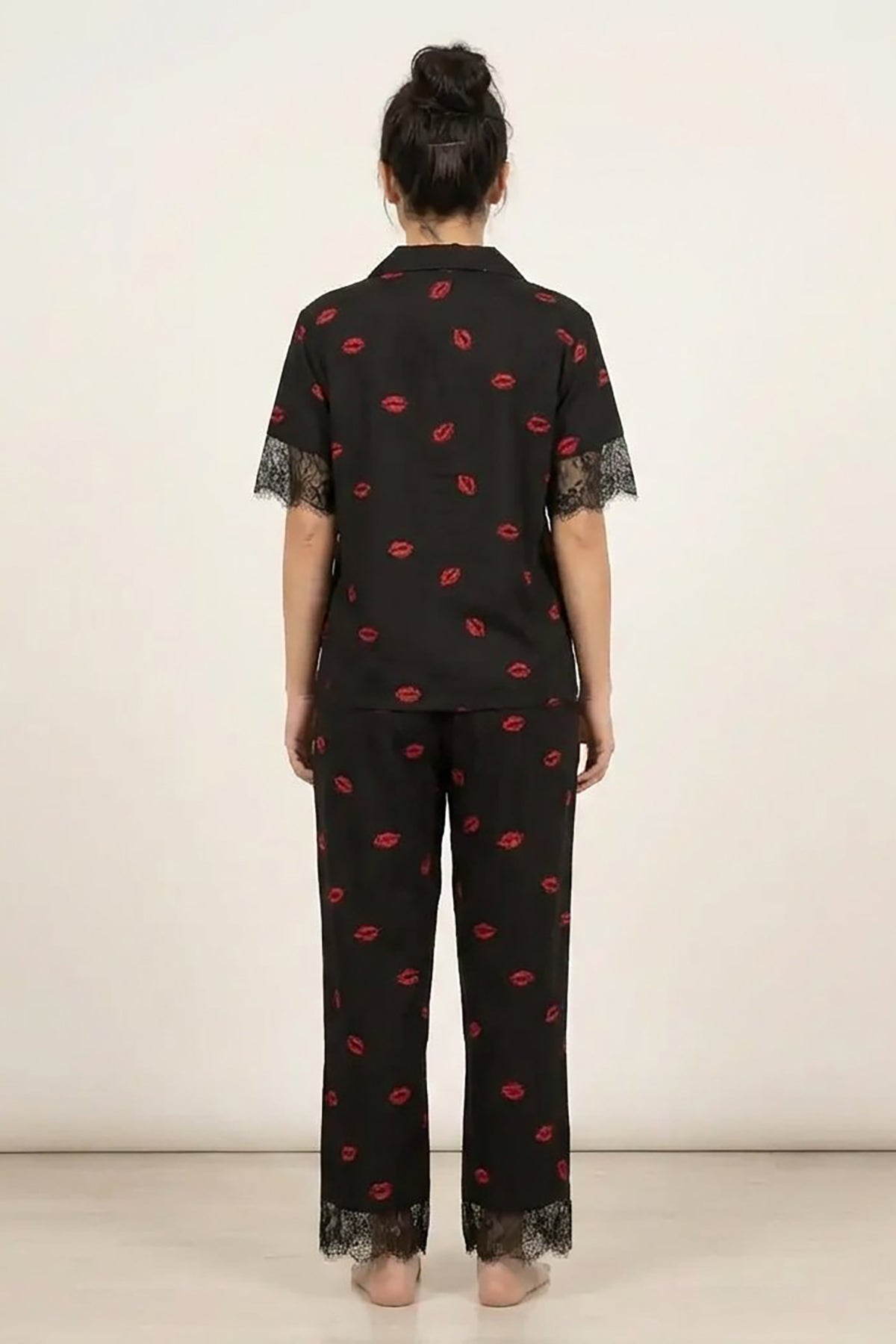 BLS - Short sleeves with long pants Pajama Set With Lace - Black — image 2 — Meeshop Pakistan