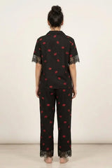 BLS - Short sleeves with long pants Pajama Set With Lace - Black view 2