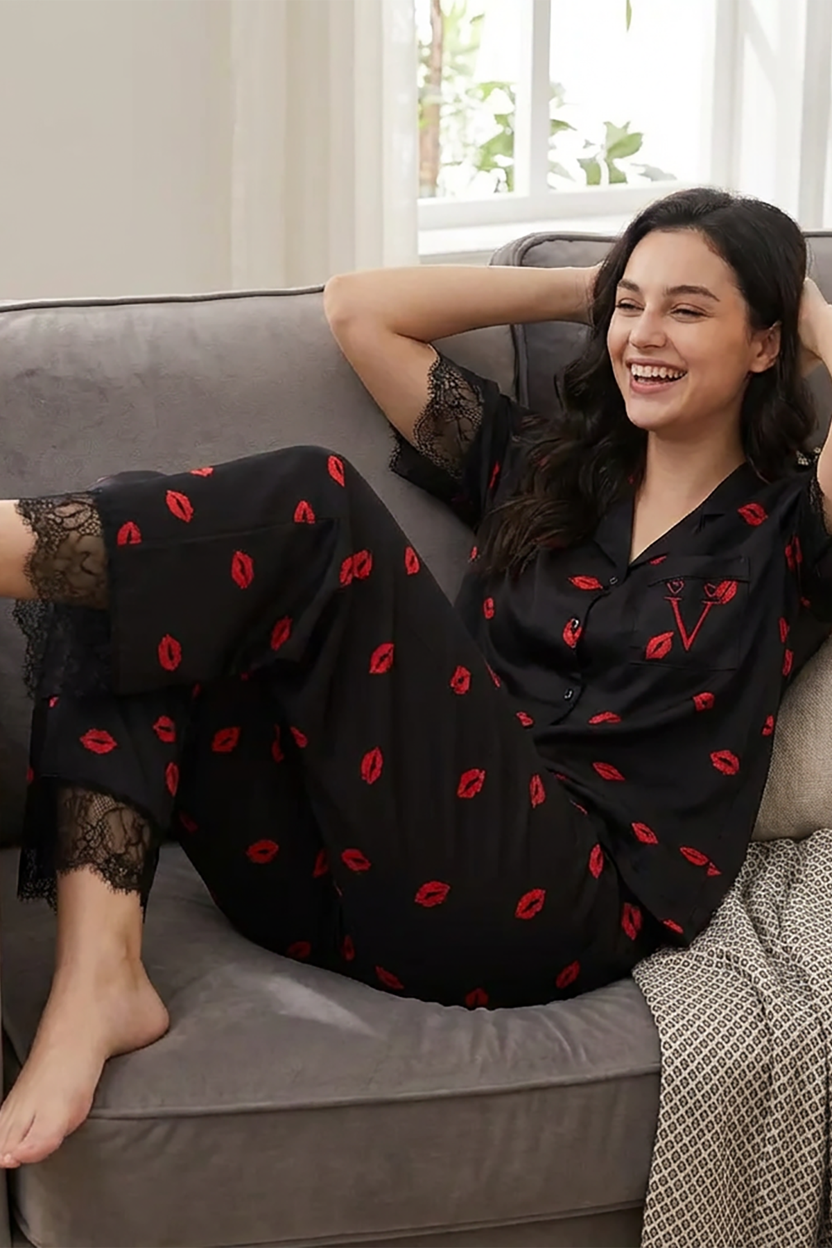 BLS - Short sleeves with long pants Pajama Set With Lace - Black — image 4 — Meeshop Pakistan