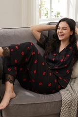 BLS - Short sleeves with long pants Pajama Set With Lace - Black view 4