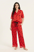 BLS - Short sleeves with long pants Pajama Set With Lace - Red