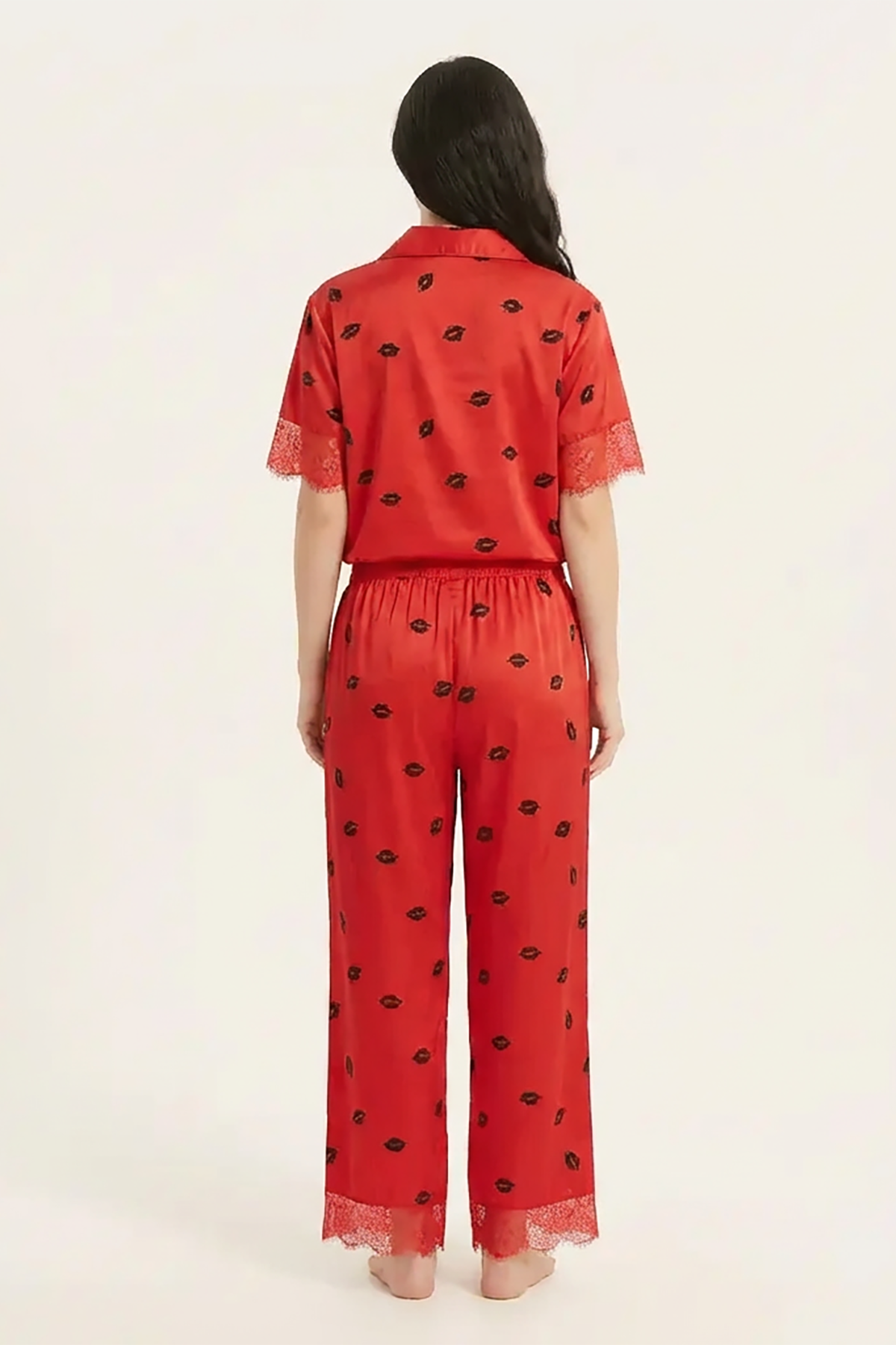 BLS - Short sleeves with long pants Pajama Set With Lace - Red — image 2 — Meeshop Pakistan