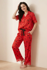 BLS - Short sleeves with long pants Pajama Set With Lace - Red view 3