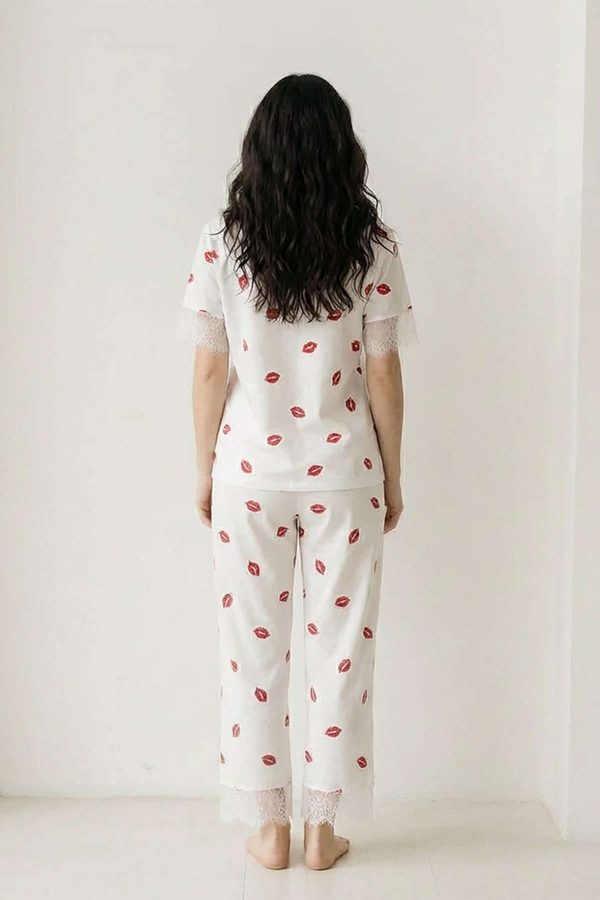 BLS - Short sleeves with long pants Pajama Set With Lace - White — image 2 — Meeshop Pakistan