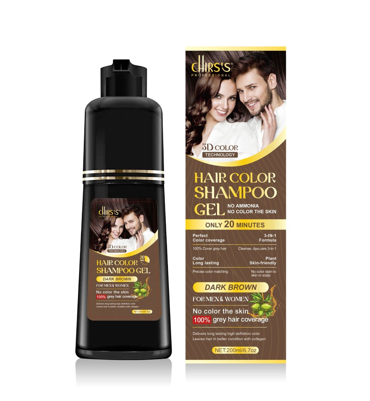 Chris's - 2 in 1 Hair Color Shampoo Gel For Men & Women - Dark Brown - 200ml — image 1 — Meeshop Pakistan