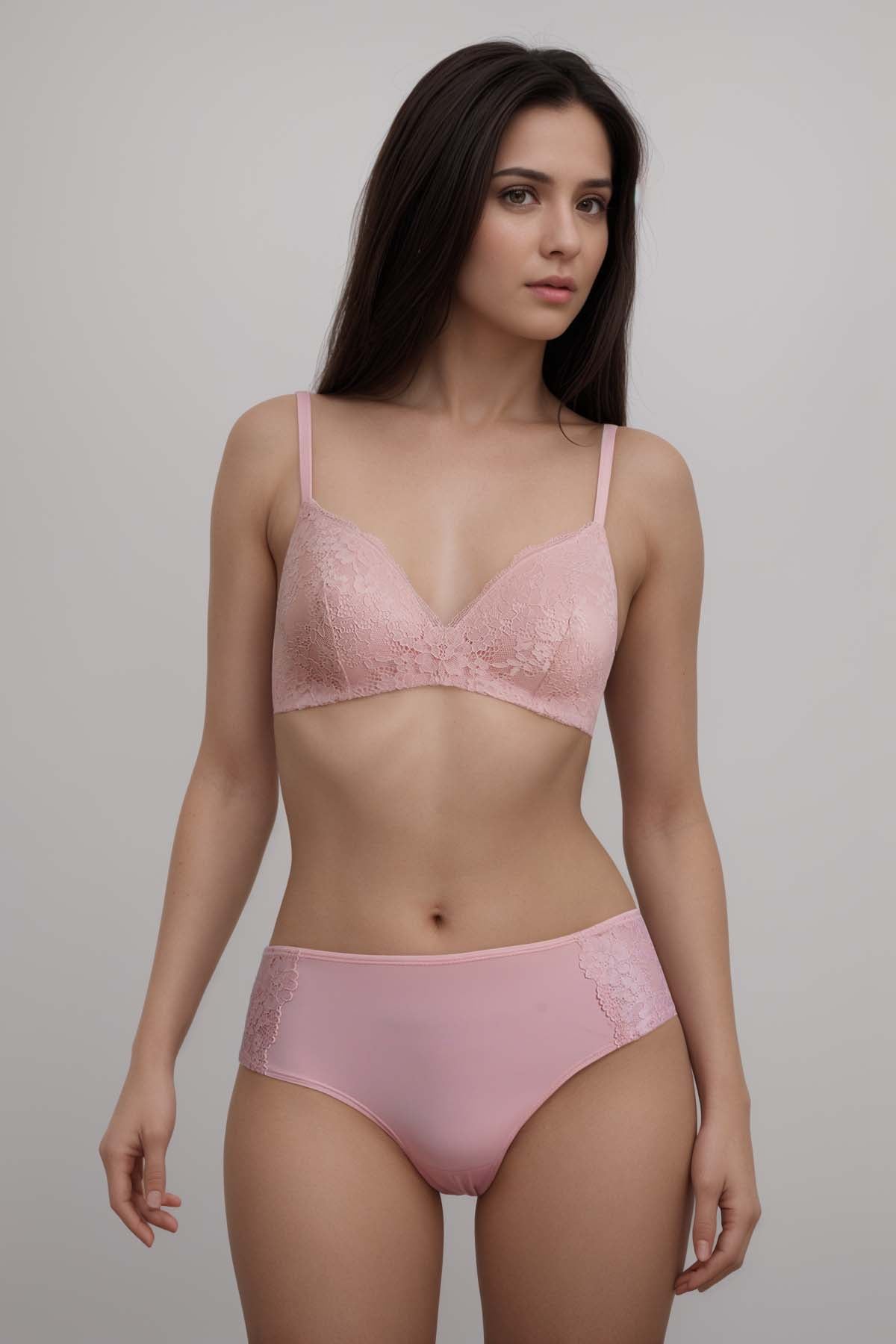 BLS - Ella Wireless And Padded Lace Bra Set - Pink — image 1 — Meeshop Pakistan
