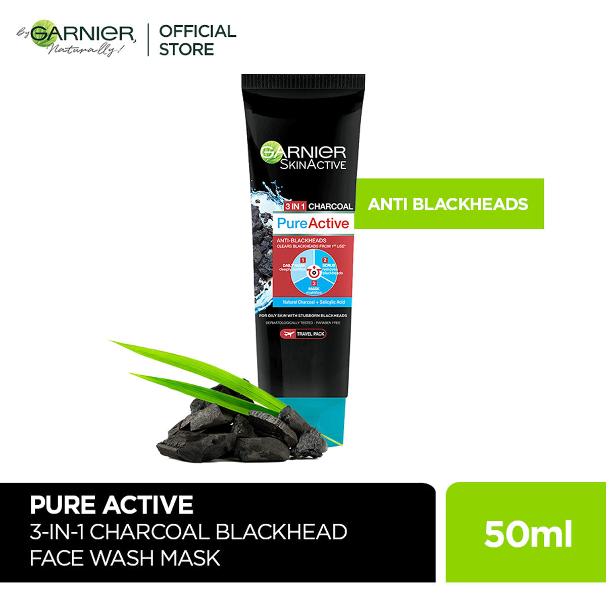 Garnier - Pure Active 3-in-1 Charcoal Blackhead Face Wash, Mask & Scrub - 50ml — image 1 — Meeshop Pakistan