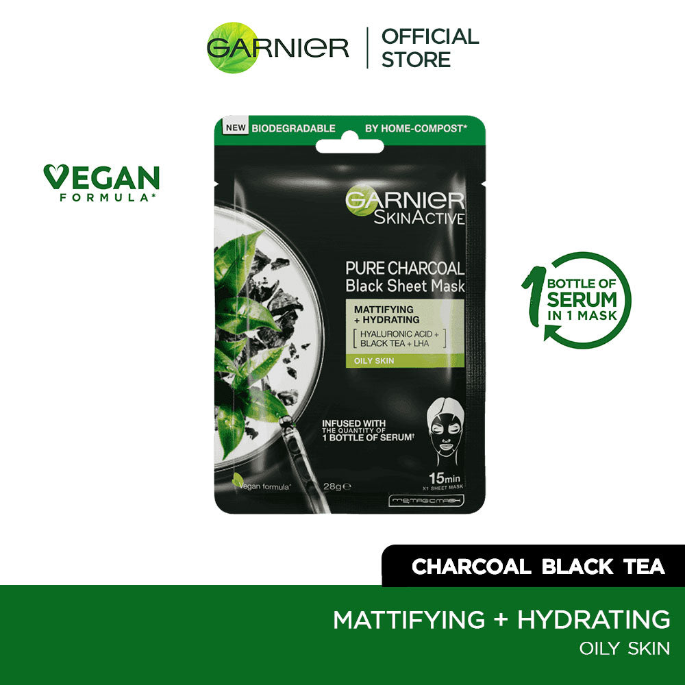 Garnier - Skin Active Pure Charcoal Black Tea Tissue Face Mask - Mattifying 28g — image 1 — Meeshop Pakistan