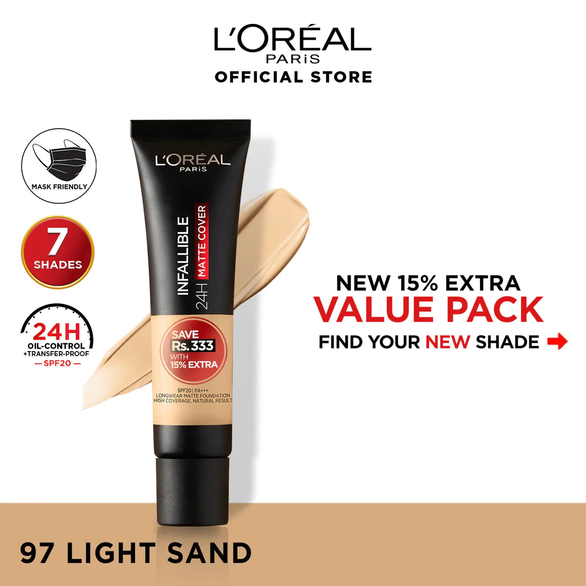 LOreal Paris - Infallible 24H Matte Cover Liquid Foundation - 97 Light Sand — image 1 — Meeshop Pakistan