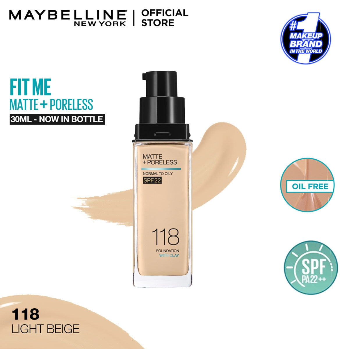 Maybelline - Fit Me Matte + Poreless Liquid Foundation SPF 22 - 118 Light Beige 30ml — image 1 — Meeshop Pakistan