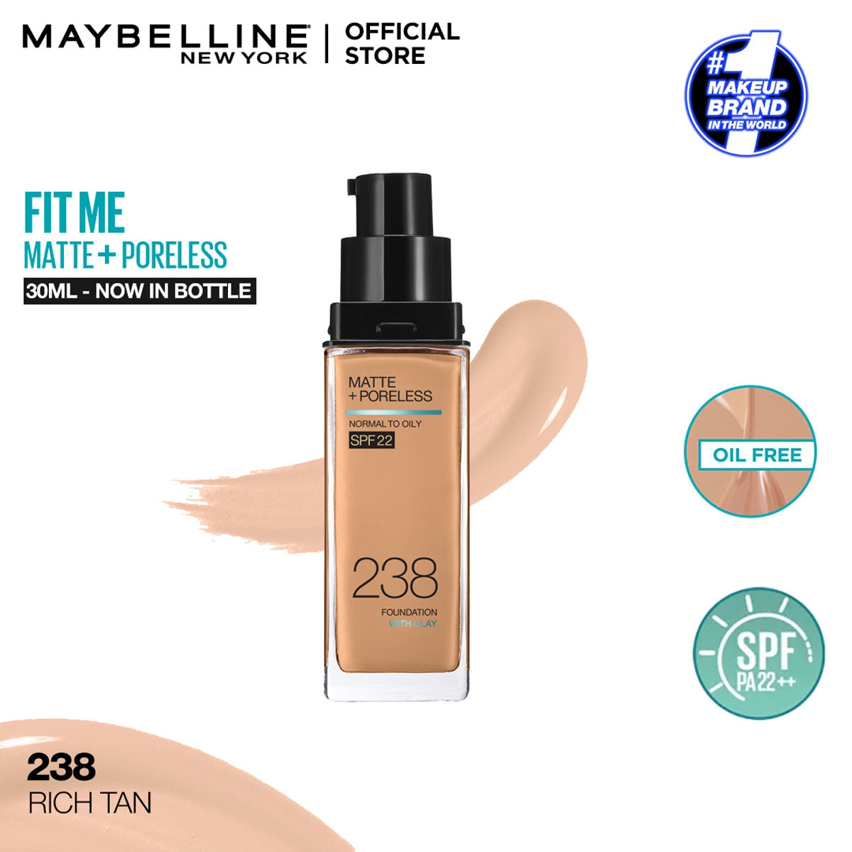 Maybelline - Fit Me Matte + Poreless Liquid Foundation SPF 22 - 238 Rich Tan 30ml — image 1 — Meeshop Pakistan