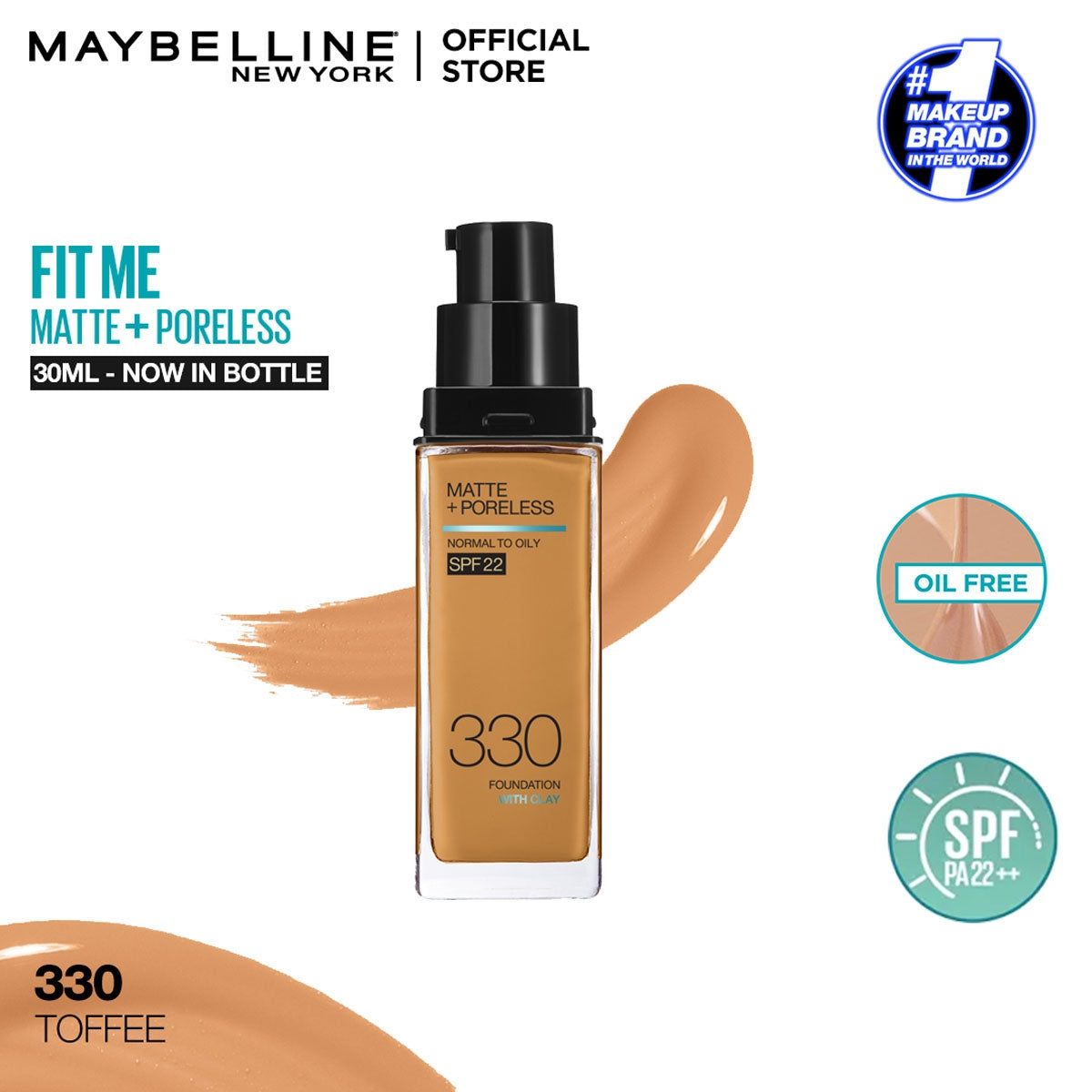 Maybelline - Fit Me Matte + Poreless Liquid Foundation SPF 22 - 330 Toffee 30ml — image 1 — Meeshop Pakistan