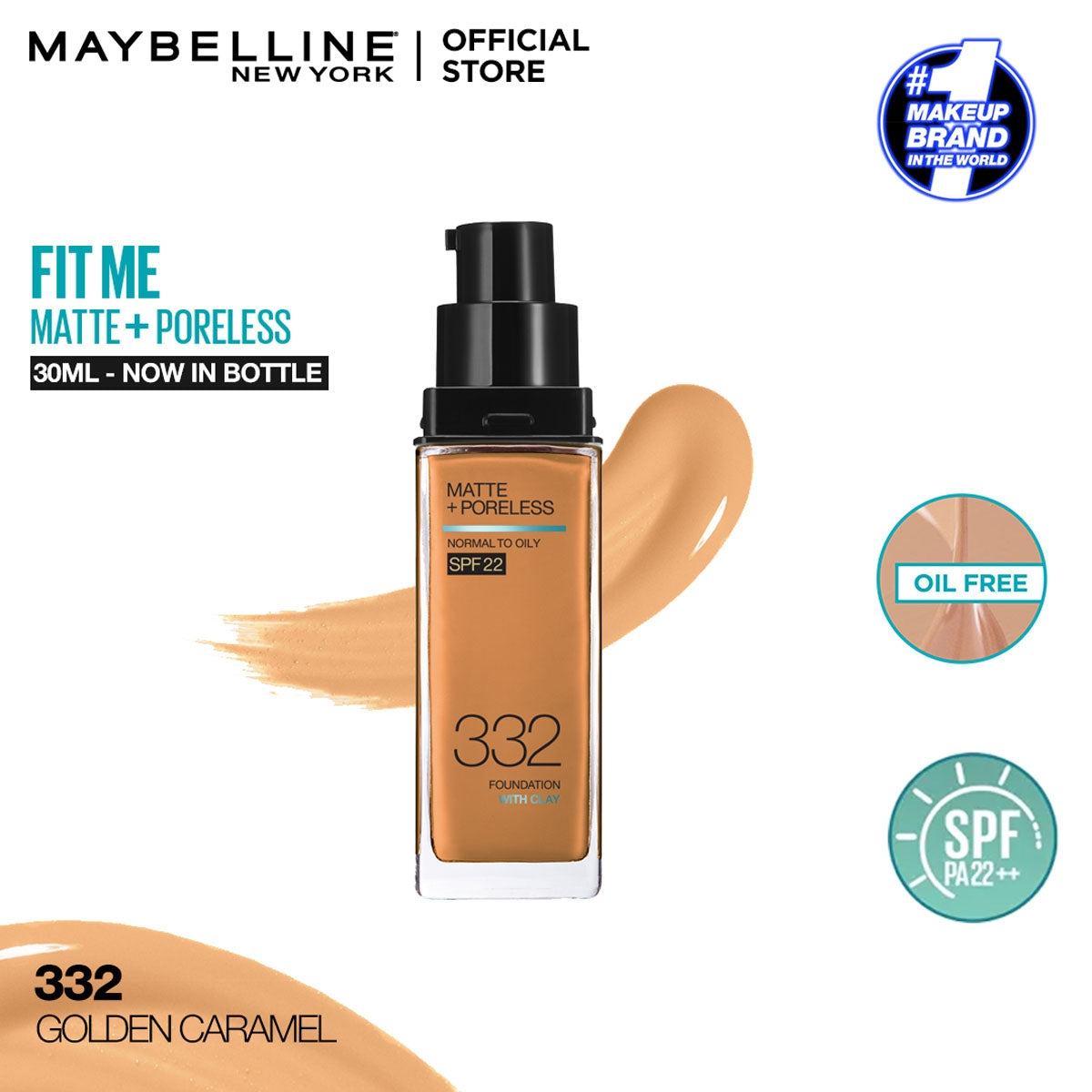 Maybelline - Fit Me Matte + Poreless Liquid Foundation SPF 22 - 332 Golden Caramel 30ml — image 1 — Meeshop Pakistan