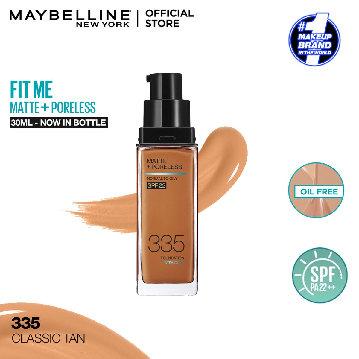 Maybelline - Fit Me Matte + Poreless Liquid Foundation SPF 22 - 335 Classic Tan 30ml — image 1 — Meeshop Pakistan